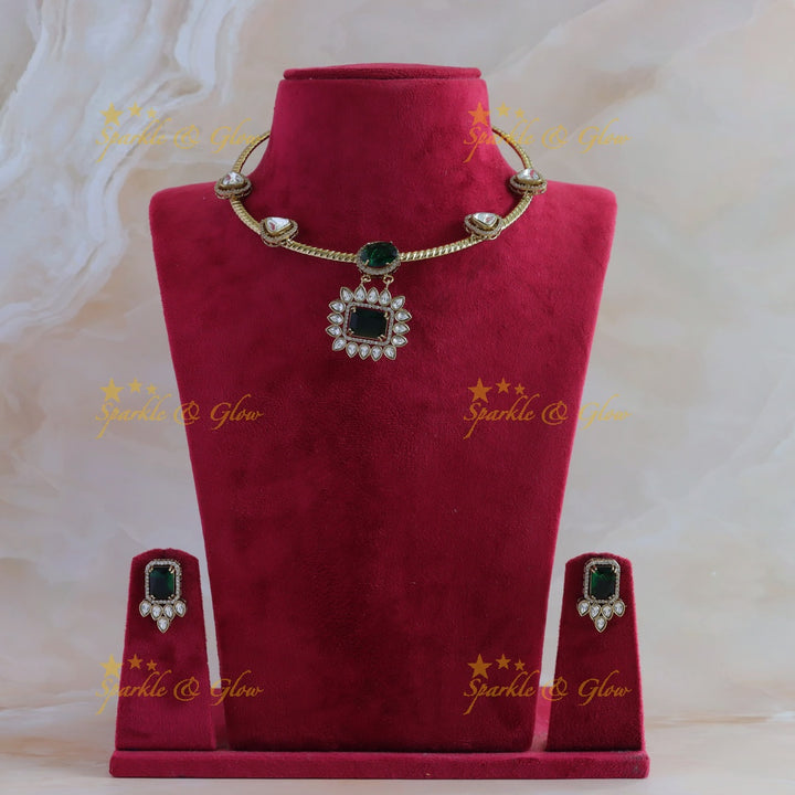Stunning Floral rectangle stone victorian AD hasli choker - green