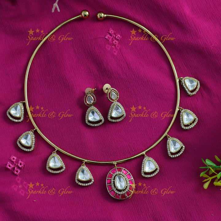 Elegant Triangle and oval stone drop victorian AD hasli choker - pink