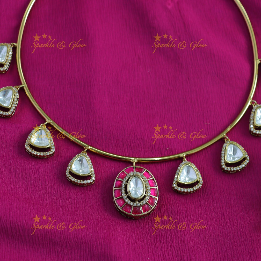 Elegant Triangle and oval stone drop victorian AD hasli choker - pink