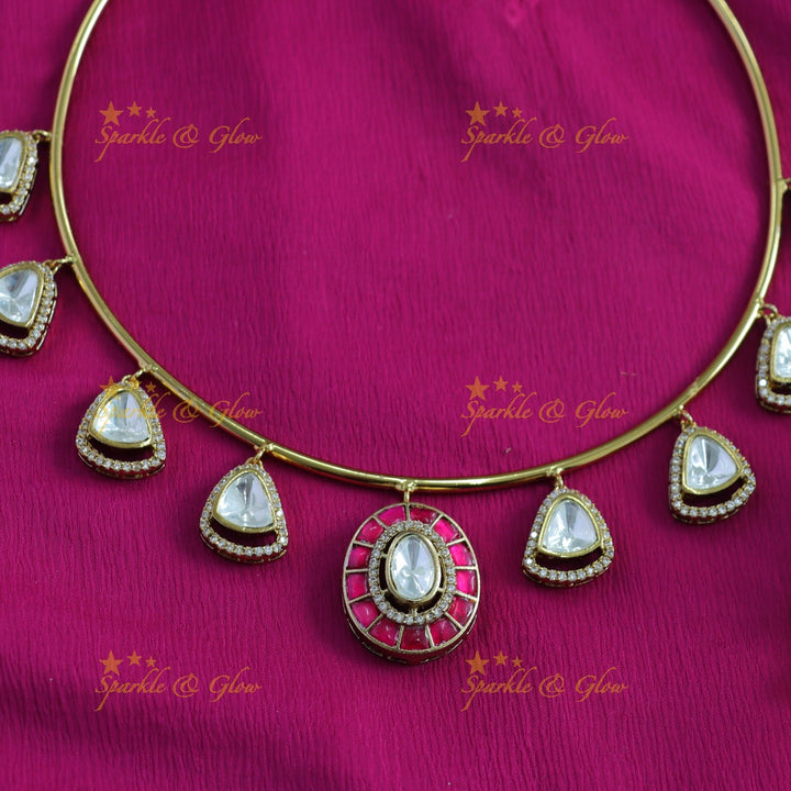 Elegant Triangle and oval stone drop victorian AD hasli choker - pink
