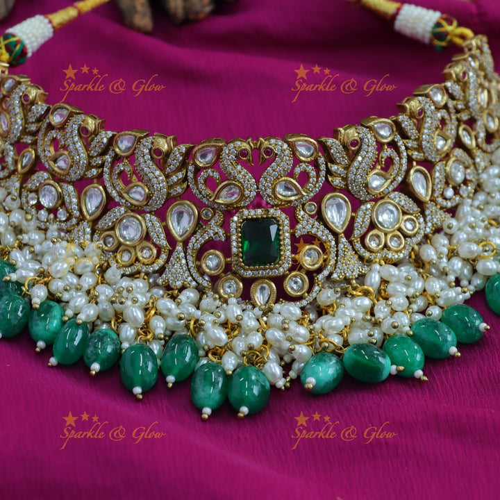 Gorgeous Peacock design victorian AD choker with emerald pearls and green beads