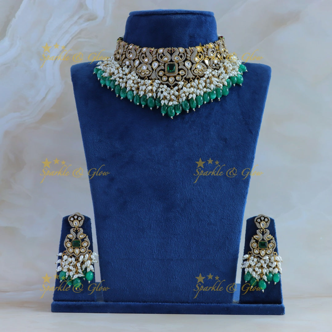 Gorgeous Peacock design victorian AD choker with emerald pearls and green beads