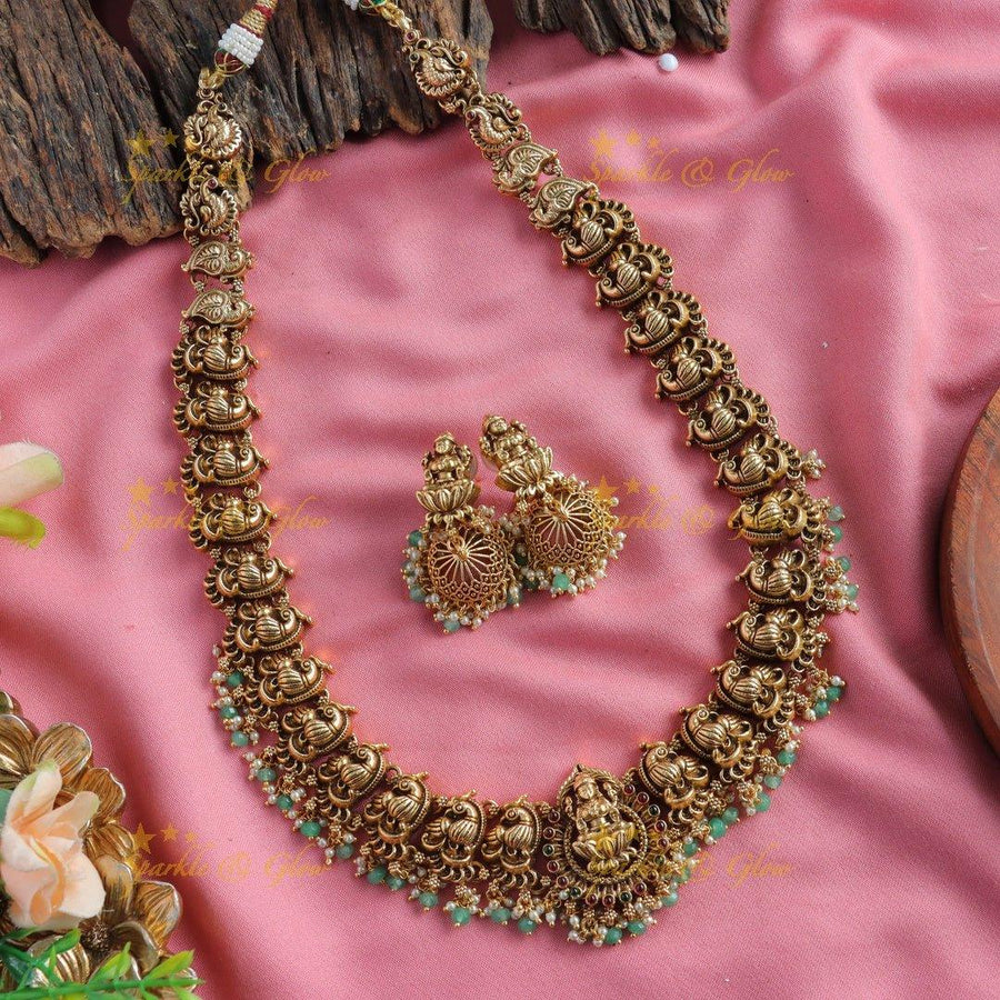 Grand Intricate Lakshmi peacock carved long necklace with gold beads - Sparkle and Glow