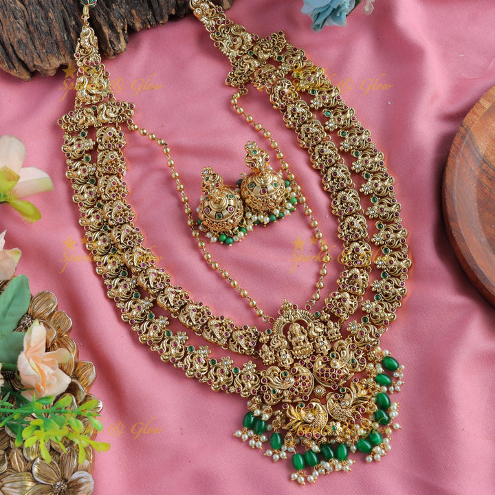 Exclusive Lakshmi peacock carved layer long necklace with ruby emerald gold and green beads