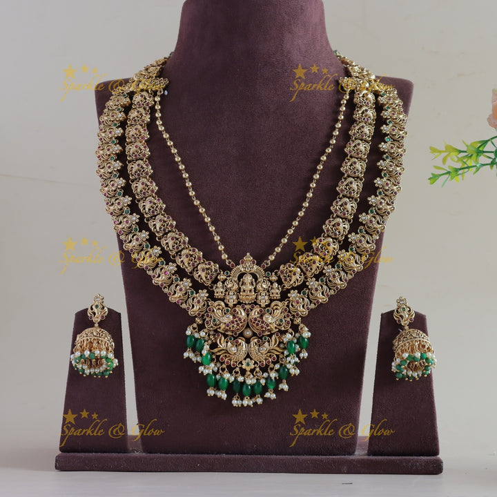 Exclusive Lakshmi peacock carved layer long necklace with ruby emerald gold and green beads