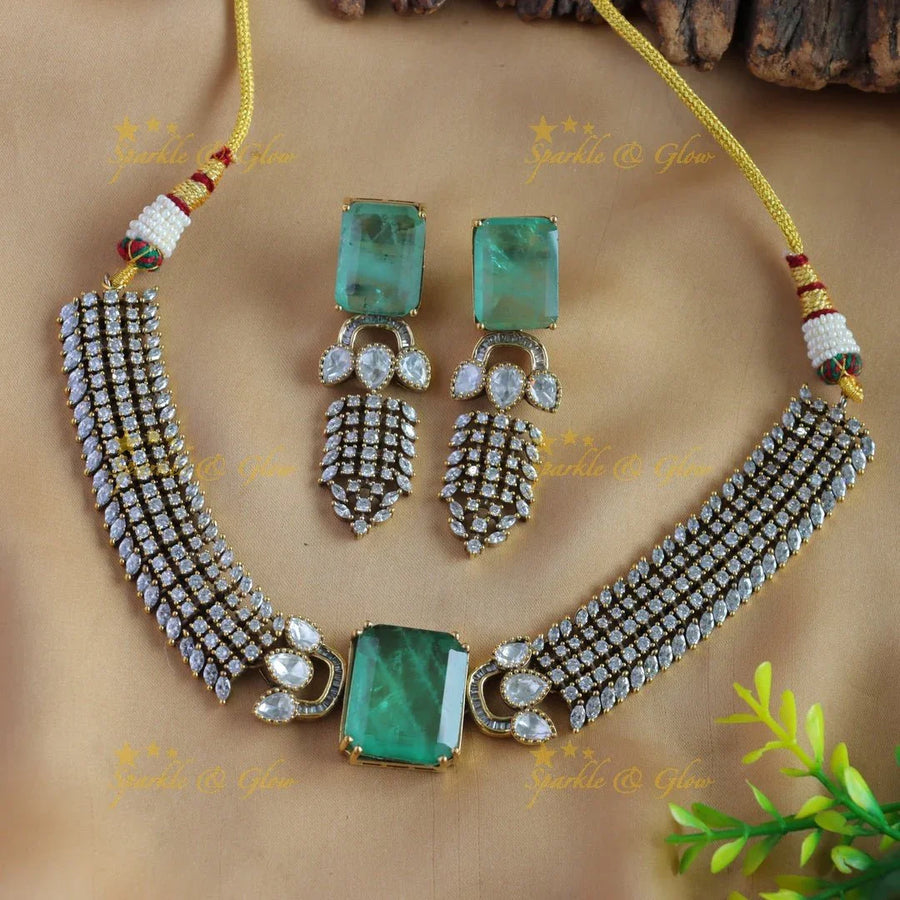 Sparkling Rectangle stone silver finish victorian AD choker with mint green stone - Sparkle and Glow