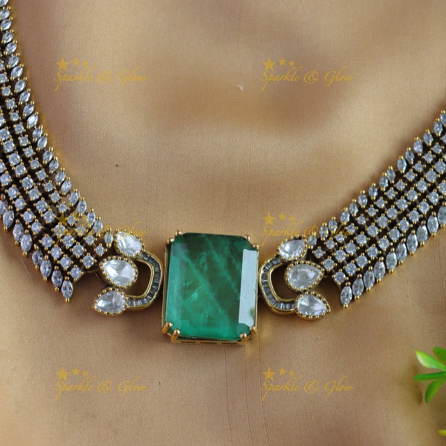 Sparkling Rectangle stone silver finish victorian AD choker with mint green stone - Sparkle and Glow - Back Thread - 