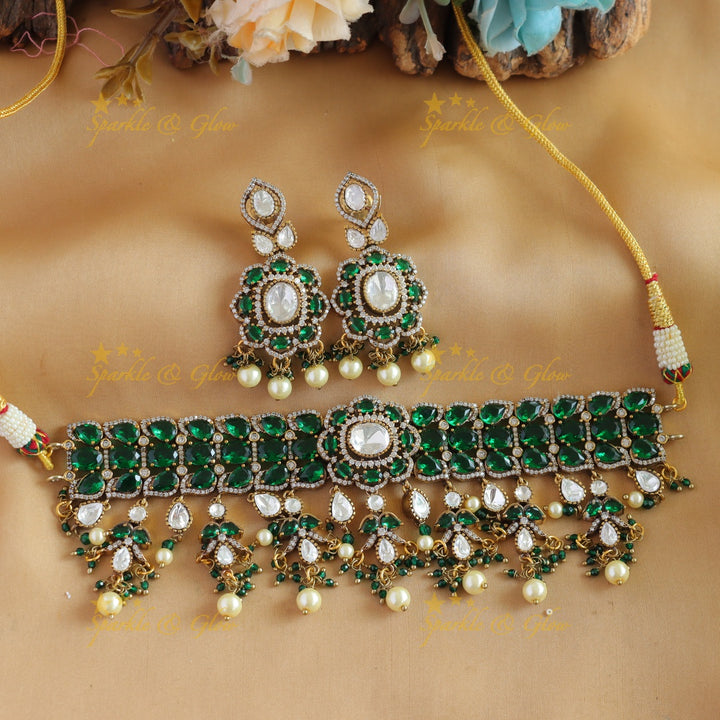 Elegant Floral design victorian AD choker with stones pearls and beads - red