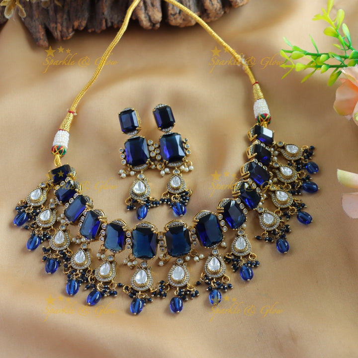 Gorgeous Rectangle stone victorian AD choker with sea blue bead drops -  sea blue