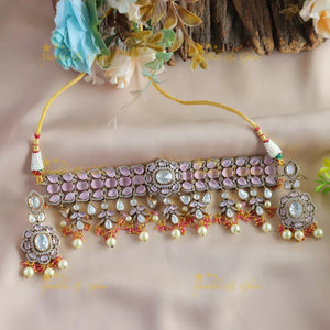Victorian AD Choker with Pearls & Stones - Baby Pink