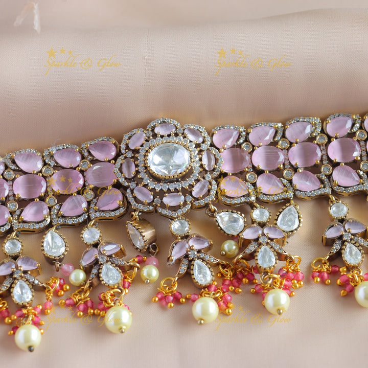 Elegant Floral design victorian AD choker with stones pearls and beads - baby pink