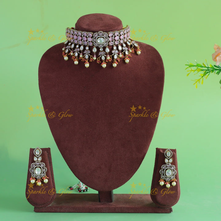 Elegant Floral design victorian AD choker with stones pearls and beads - baby pink