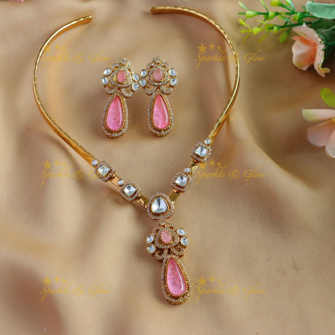 Stunning Floral and water drop stone victorian AD hasli choker - baby pink