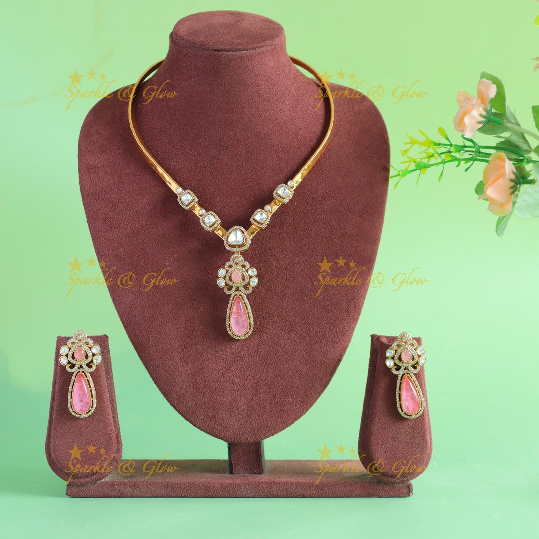Stunning Floral and water drop stone victorian AD hasli choker - baby pink