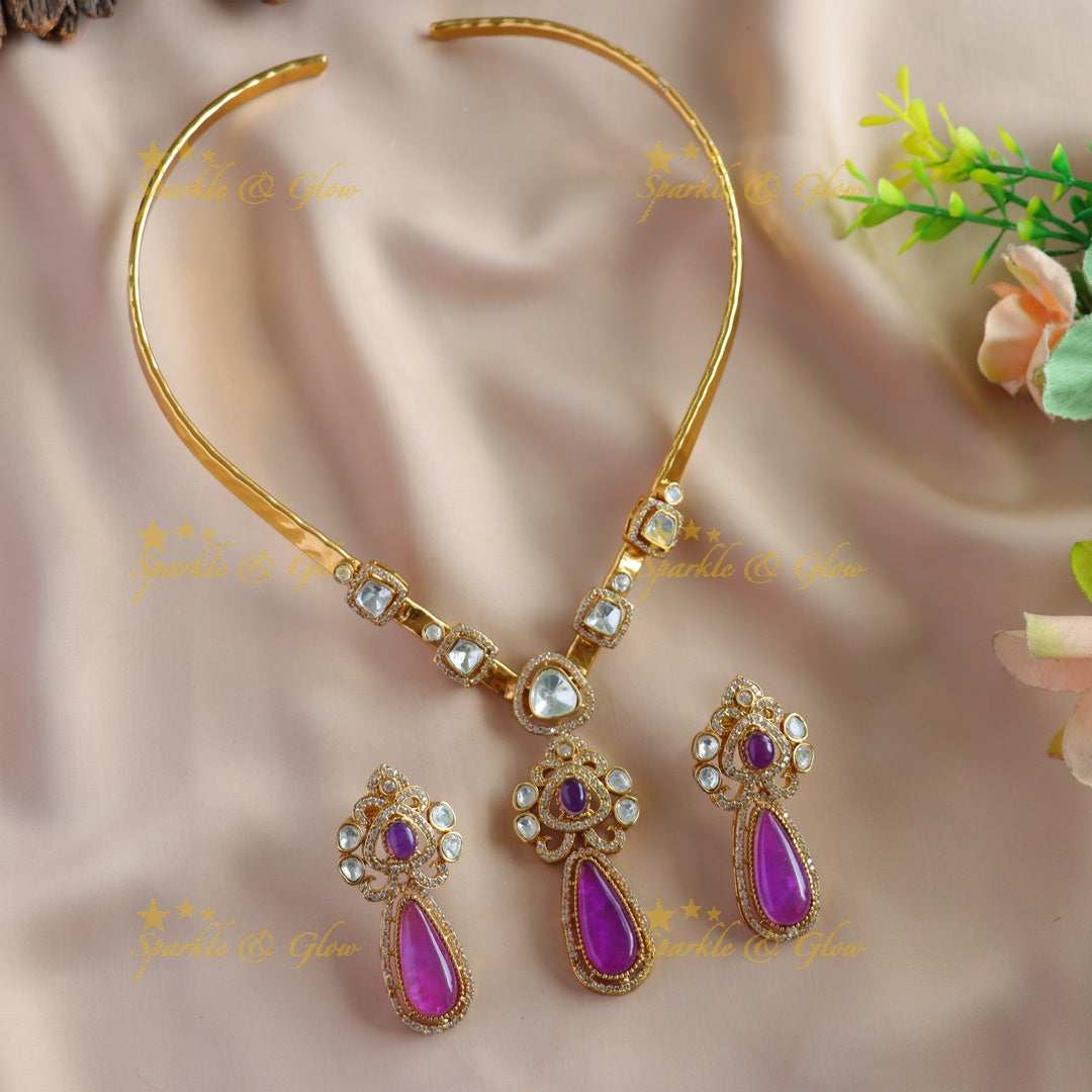 Stunning Floral and water drop stone victorian AD hasli choker - baby pink