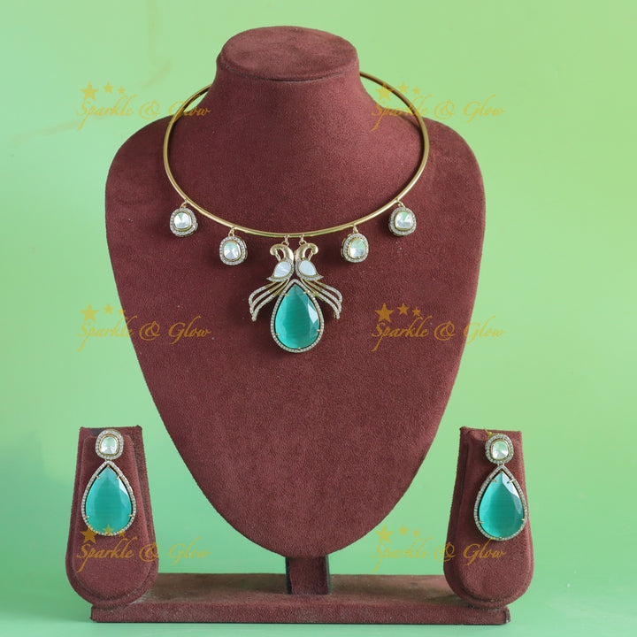 Statement Peacock design stone victorian AD hasli choker with sea blue stone