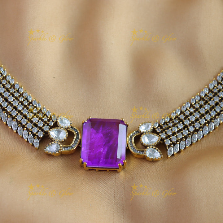 Sparkling Rectangle stone silver finish victorian AD choker with mint green stone