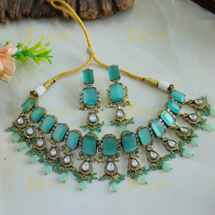 Gorgeous Rectangle stone victorian AD choker with sea blue bead drops -  sea blue