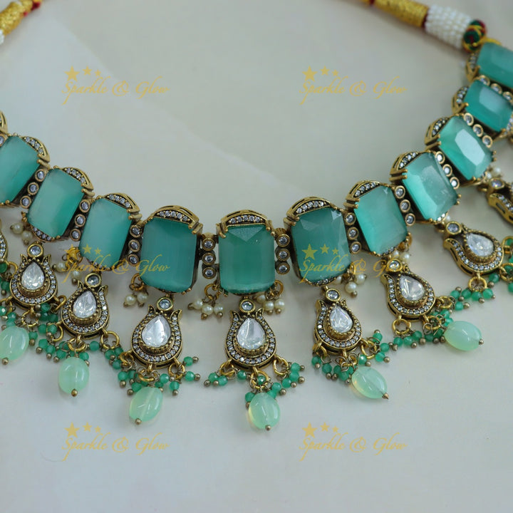 Gorgeous Rectangle stone victorian AD choker with sea blue bead drops -  sea blue