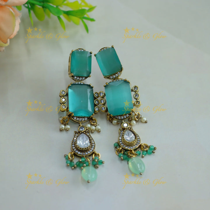 Gorgeous Rectangle stone victorian AD choker with sea blue bead drops -  sea blue