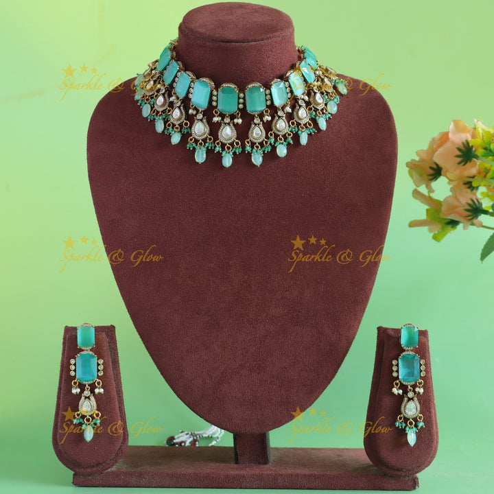 Gorgeous Rectangle stone victorian AD choker with sea blue bead drops -  sea blue