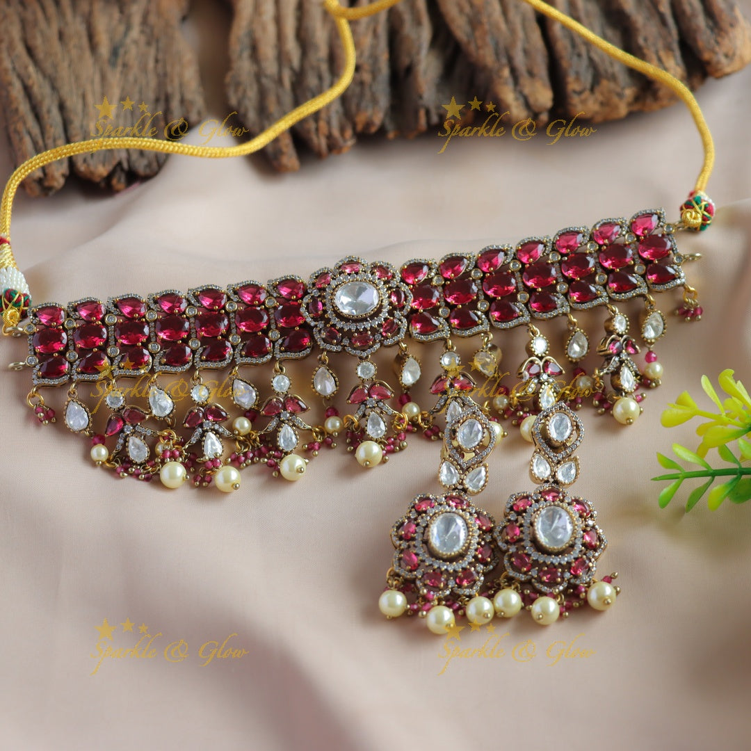 Elegant Floral design victorian AD choker with stones pearls and beads - red