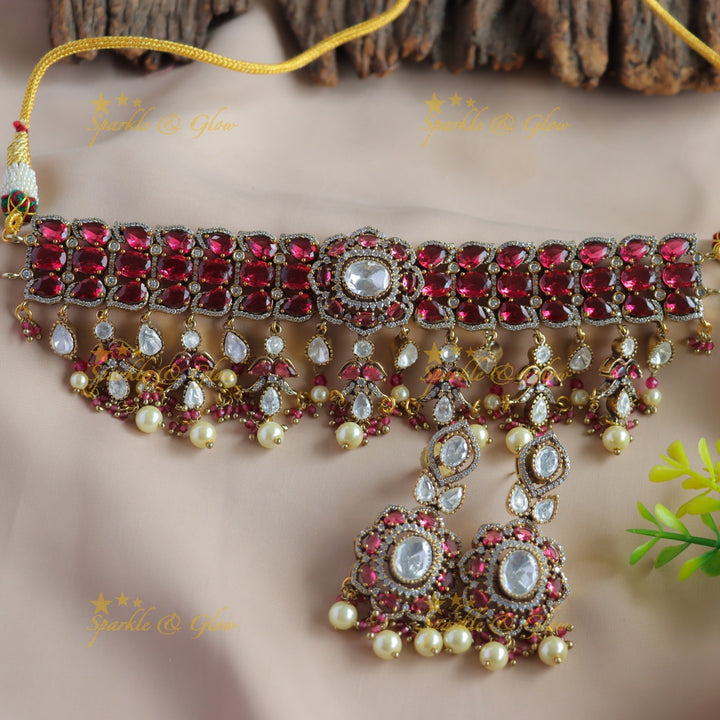 Elegant Floral design victorian AD choker with stones pearls and beads - red