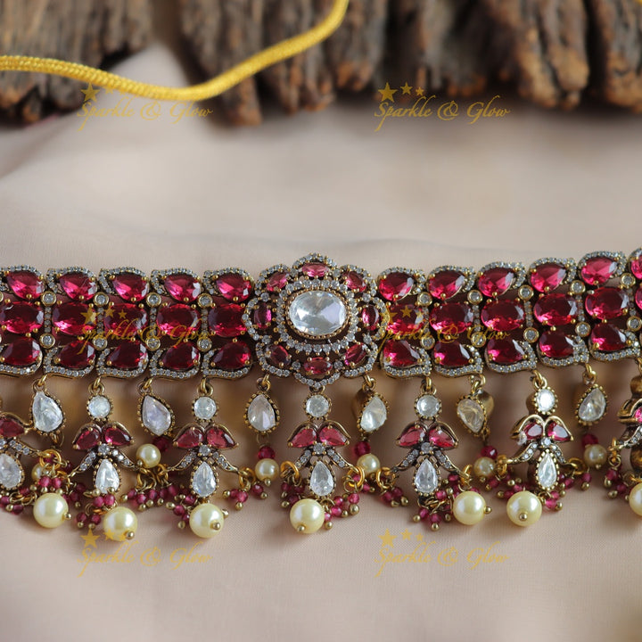Elegant Floral design victorian AD choker with stones pearls and beads - red