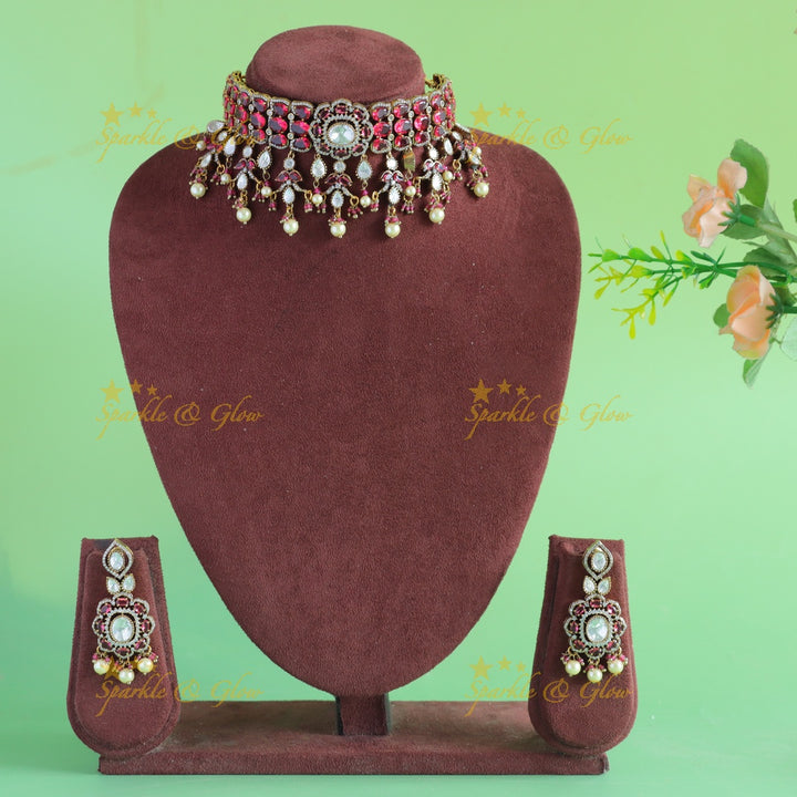 Elegant Floral design victorian AD choker with stones pearls and beads - red