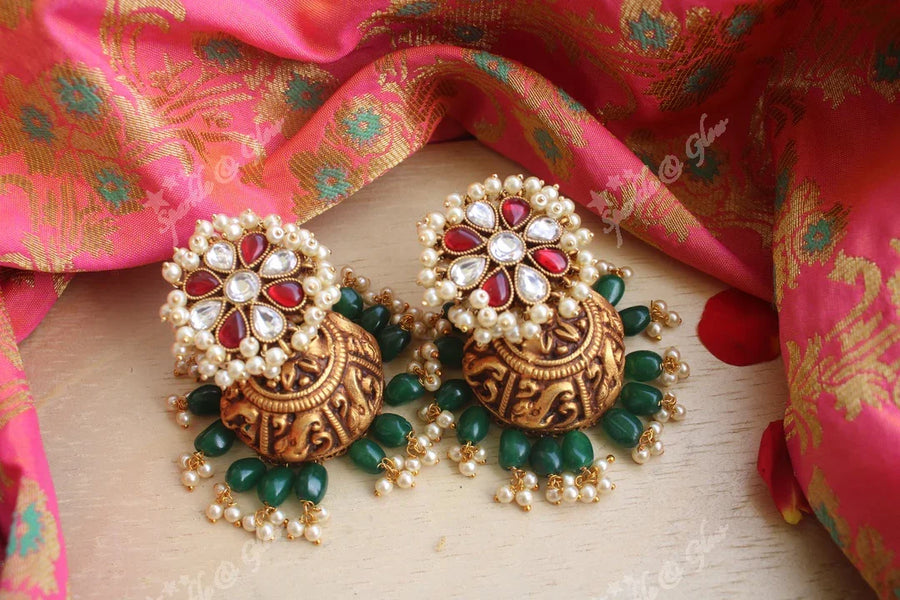 92.5 look alike geru gold polished flower studded jhumukas with gutta pusalu and green beads - Sparkle and Glow