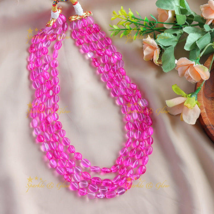 Statement victorian AD haram with multi layer beads chain - pink