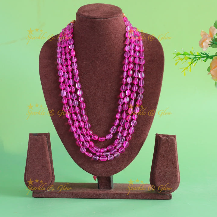 Statement victorian AD haram with multi layer beads chain - pink