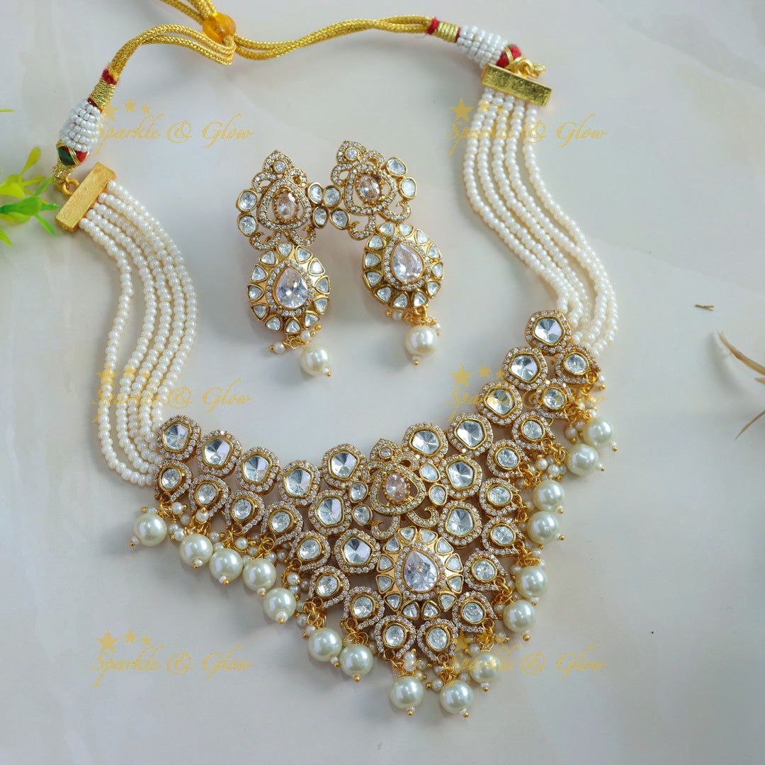Beautiful Floral design kundan stone pendant victorian AD choker with multi layer pearl chain