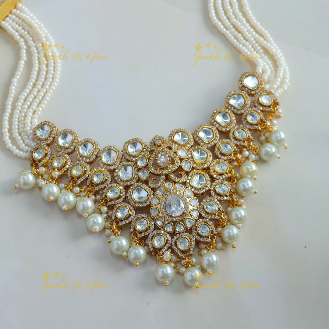 Beautiful Floral design kundan stone pendant victorian AD choker with multi layer pearl chain