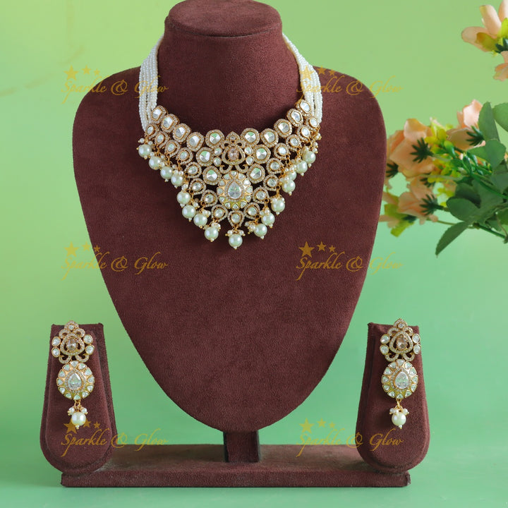 Beautiful Floral design kundan stone pendant victorian AD choker with multi layer pearl chain