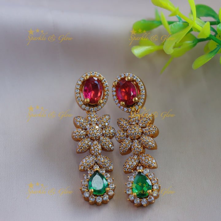 Statement Floral leaflet design AD short necklace with ruby and emerald