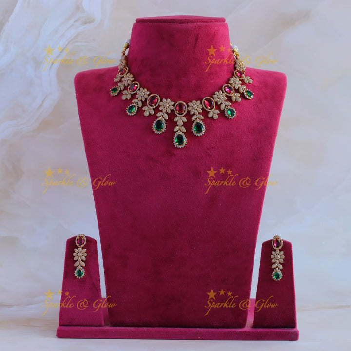 Statement Floral leaflet design AD short necklace with ruby and emerald