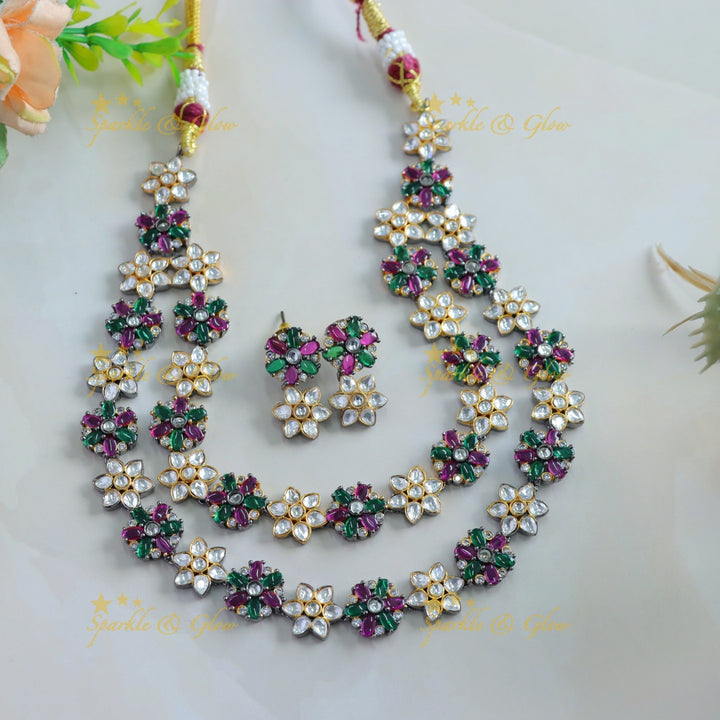 Stunning Floral design two layer victorian AD short necklace with multi colour stones