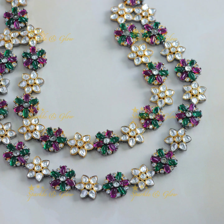 Stunning Floral design two layer victorian AD short necklace with multi colour stones