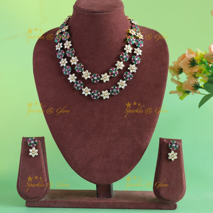 Stunning Floral design two layer victorian AD short necklace with multi colour stones
