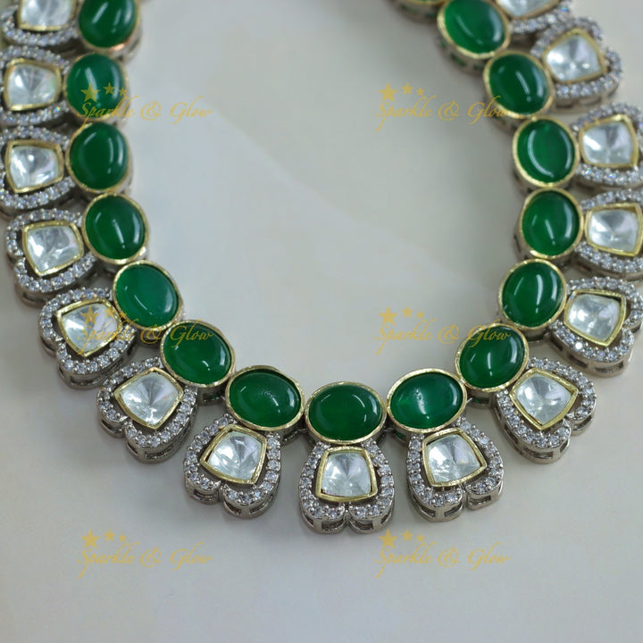 Elegant Heart design and oval stone victorian AD short necklace with emerald