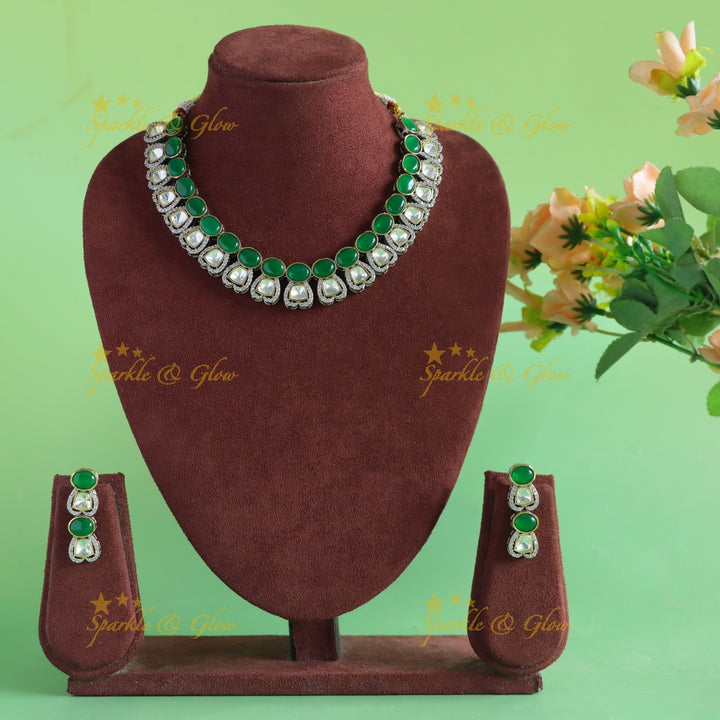 Elegant Heart design and oval stone victorian AD short necklace with emerald