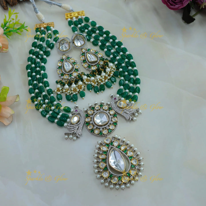 Statement Floral peacock design victorian AD short necklace with pearls and multi layer green beads