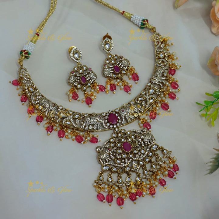 Gorgeous Elephant design victorian AD short necklace with ruby pearls and pink beads