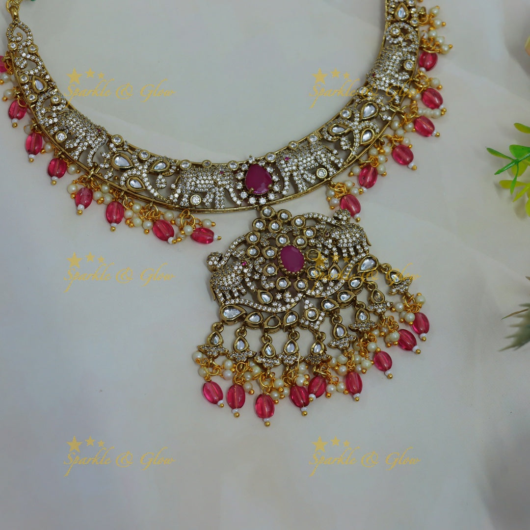 Gorgeous Elephant design victorian AD short necklace with ruby pearls and pink beads