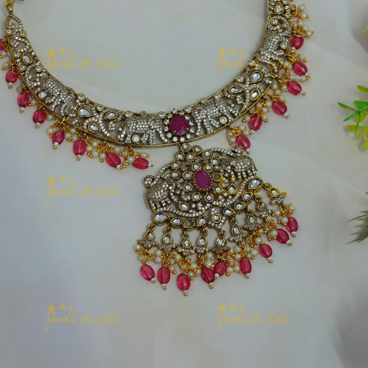 Gorgeous Elephant design victorian AD short necklace with ruby pearls and pink beads