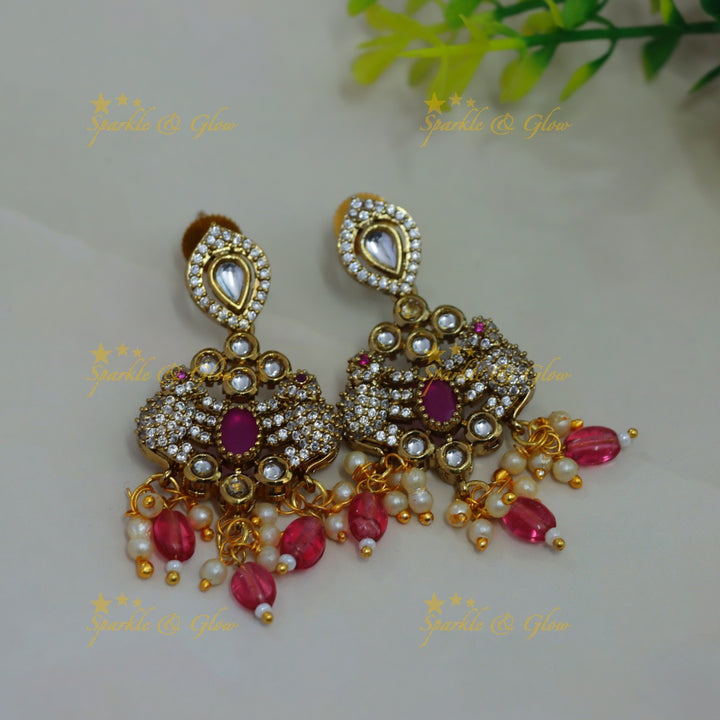 Gorgeous Elephant design victorian AD short necklace with ruby pearls and pink beads