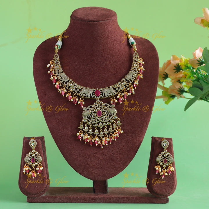 Gorgeous Elephant design victorian AD short necklace with ruby pearls and pink beads