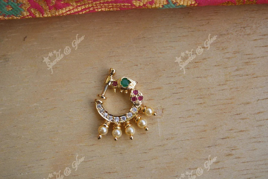 Gold polished AD stones peacock style nose pin - Sparkle and Glow
