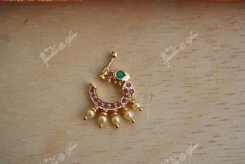 Gold polished AD stones peacock style nose pin - Sparkle and Glow